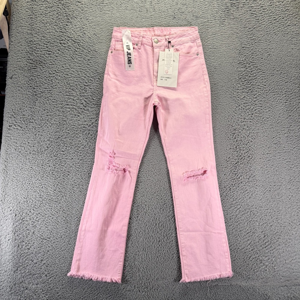 VIP Jeans Womens 7 Pink Cotton Denim Straight Leg Distressed Frayed Hem Stretch